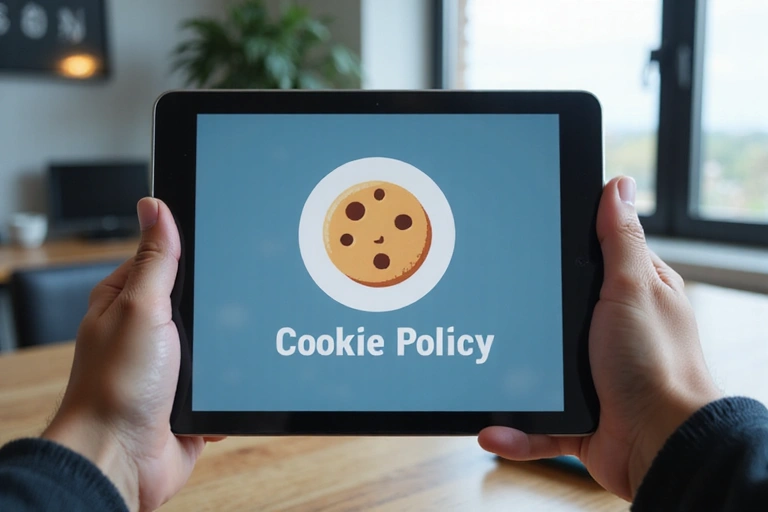 Ręka trzymająca tablet z ikoną ciasteczka na ekranie, symbolizującą politykę plików cookie.